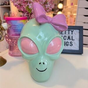 Summerween Pinkoween Mint Green Alien Head with Pink Bow Halloween Decor